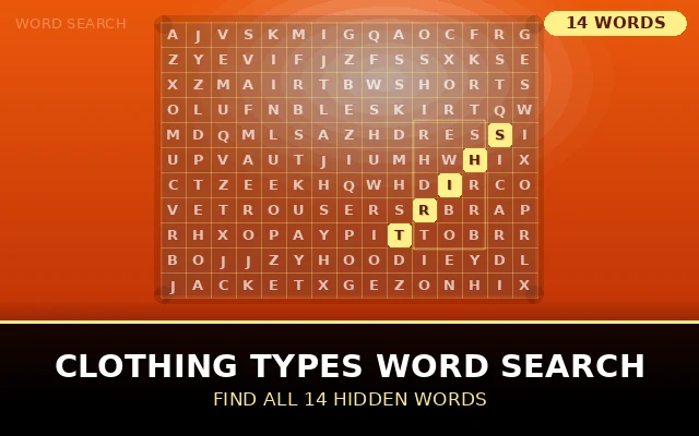 Clothing Types Word Search Grid