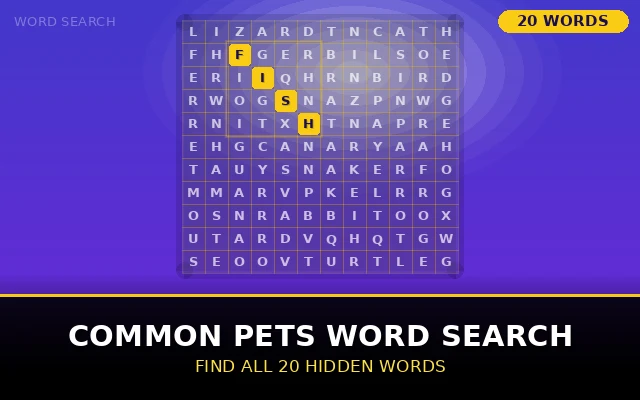 Common Pets Word Search Grid