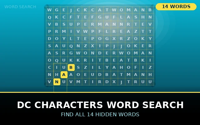 DC Characters Word Search Grid