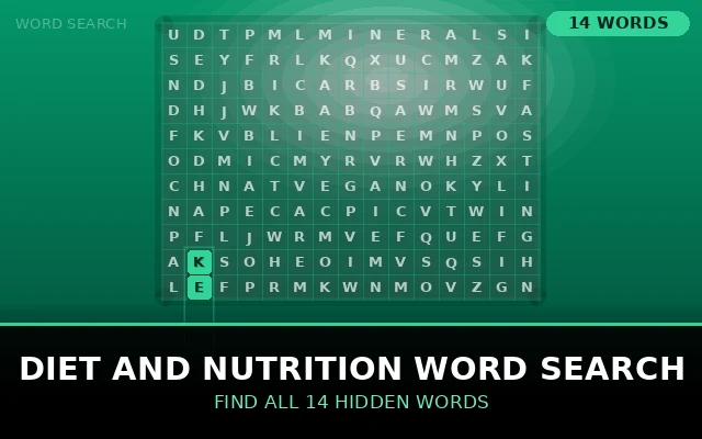 Diet and Nutrition Word Search Grid