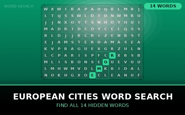 European Cities Word Search Grid