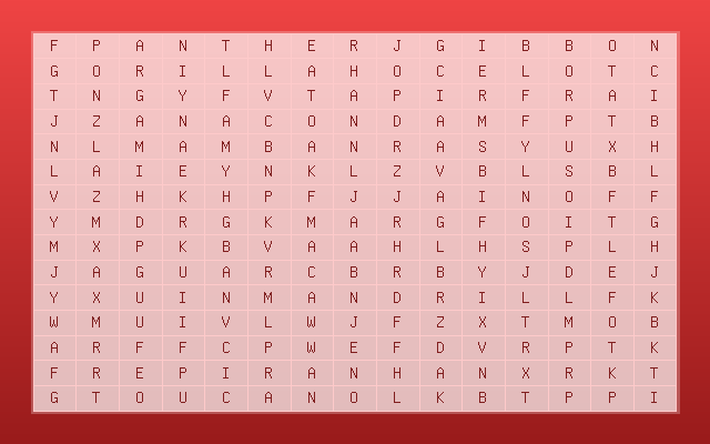 Jungle Animals Word Search Grid