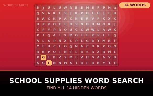 School Supplies Word Search Grid