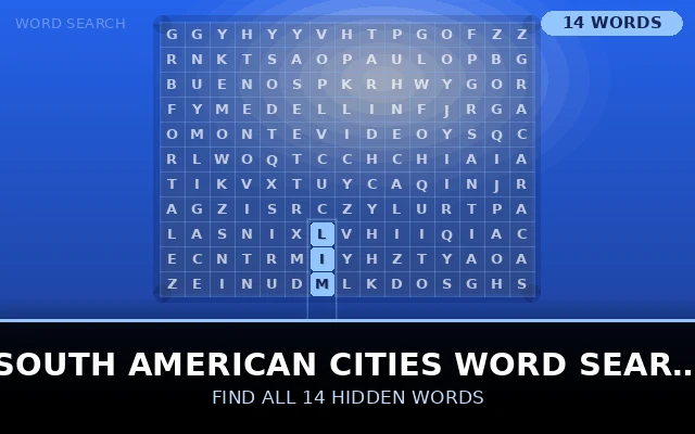South American Cities Word Search Grid