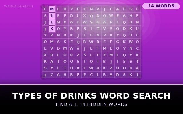 Types of Drinks Word Search Grid