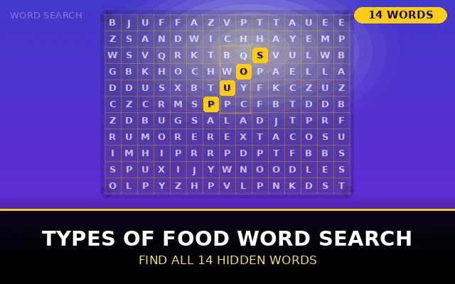 Types of Food Word Search Grid