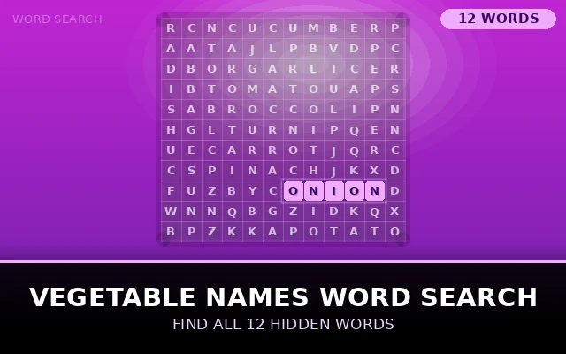 Vegetable Names Word Search Grid