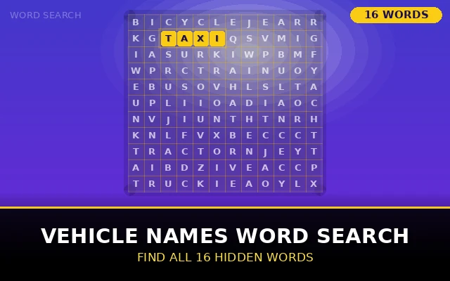 Vehicle Names Word Search Grid
