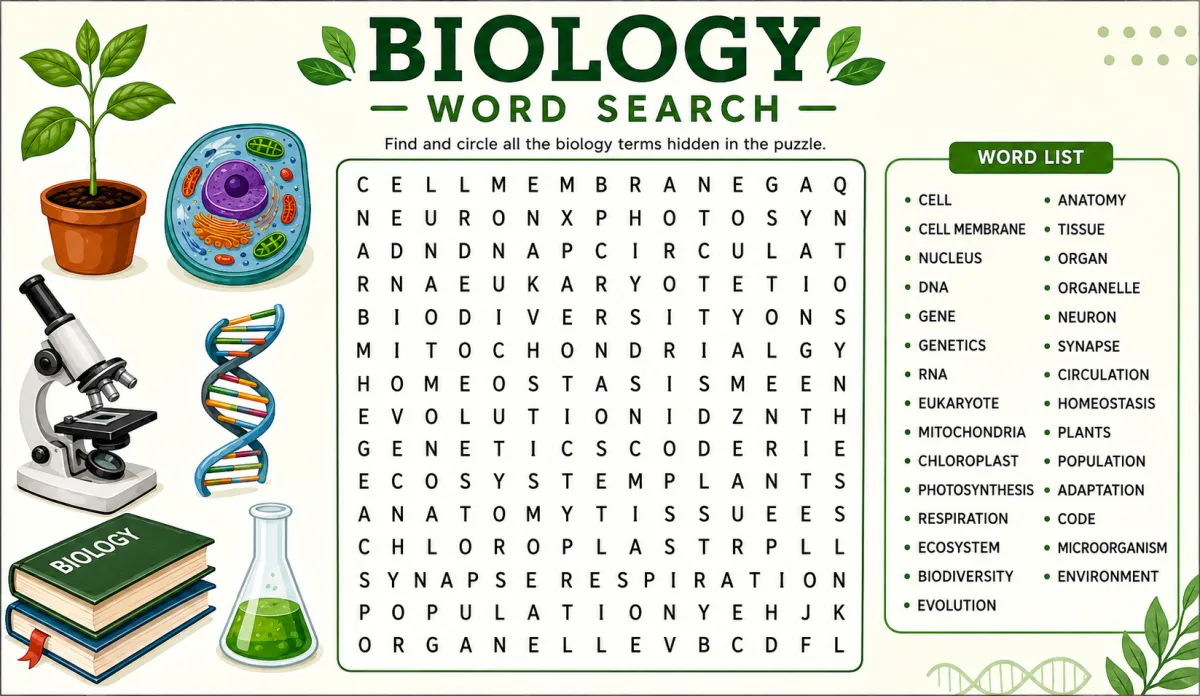 Biology Word Search — Cells, Genetics and Life Science Terms (2026)