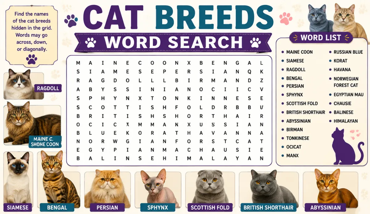 Cat Breeds Word Search: Persian, Siamese and More (2026)