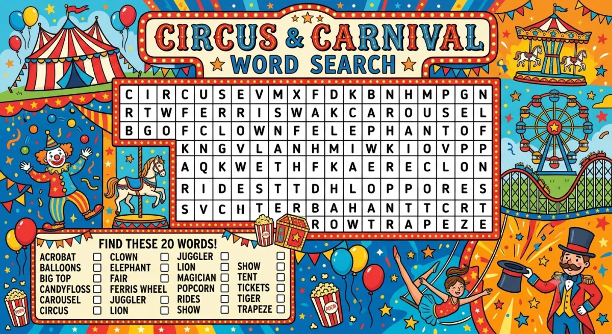 Circus and Carnival Word Search: A Playful Trip Under the Big Top