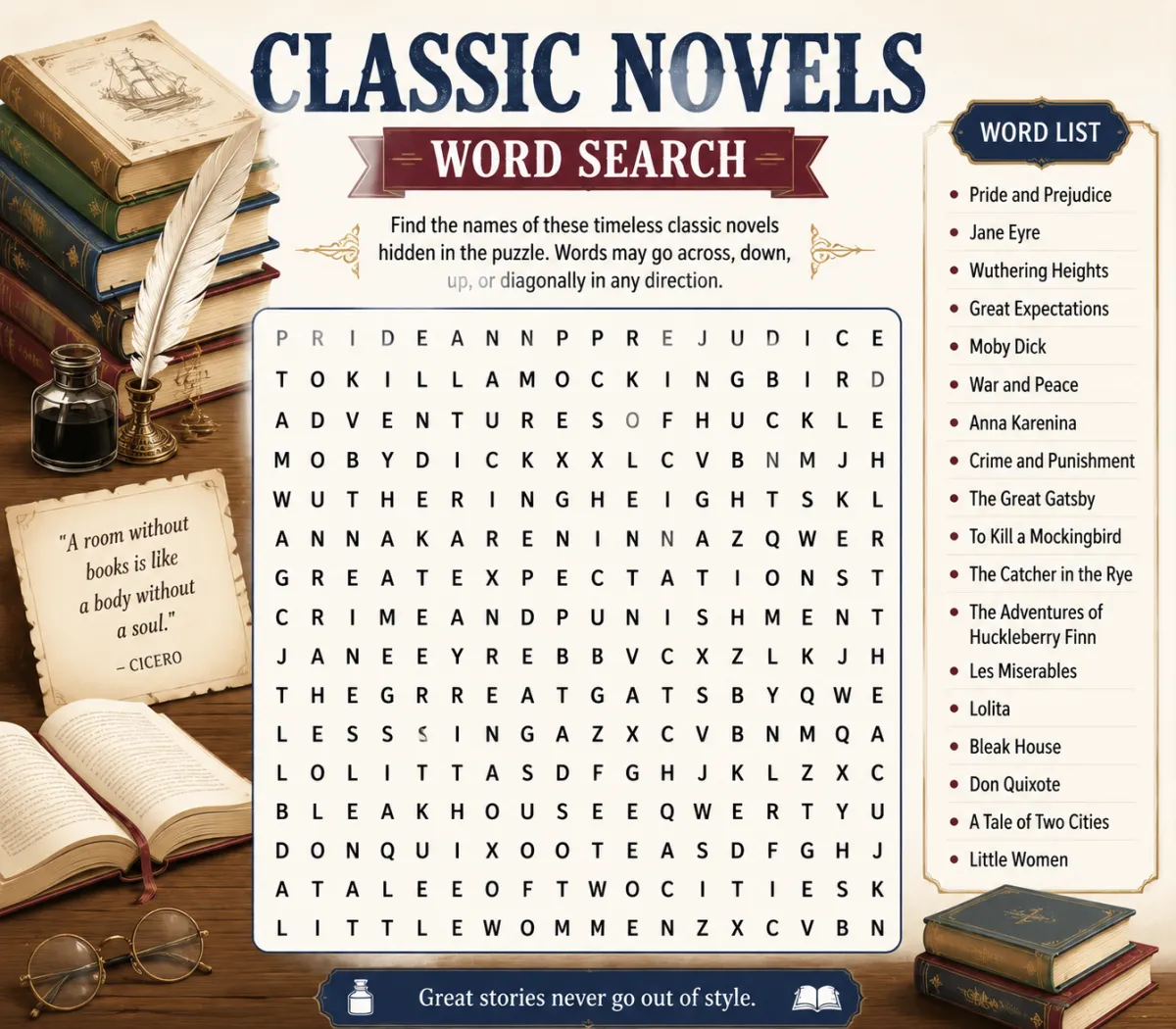 Classic Novels Word Search: Famous Books and Authors (2026)