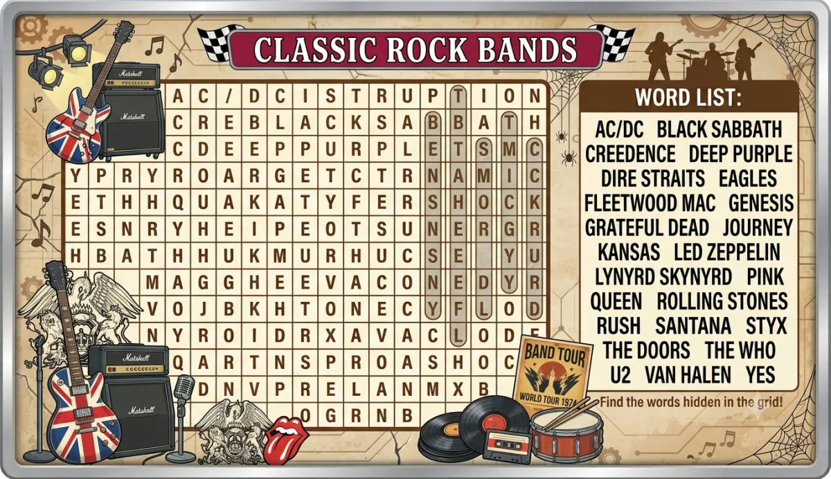 Classic Rock Bands Word Search: A Nostalgic Trip Through Music History