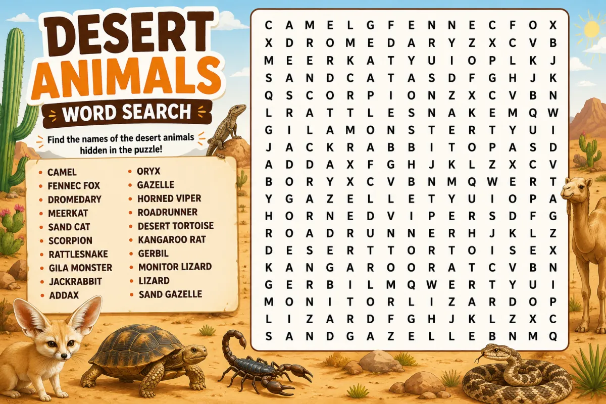 Desert Animals Word Search: Discovering Life in the Worlds Driest Places