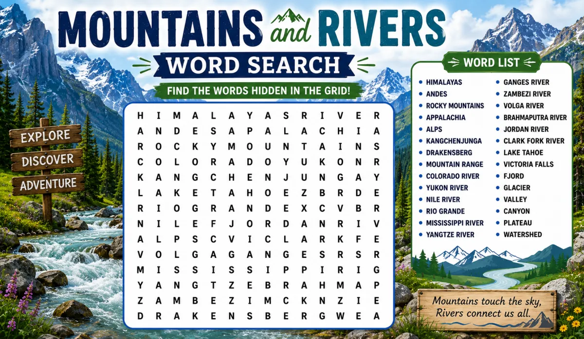 Mountains and Rivers Word Search: Exploring Earth Natural Wonders Through Play