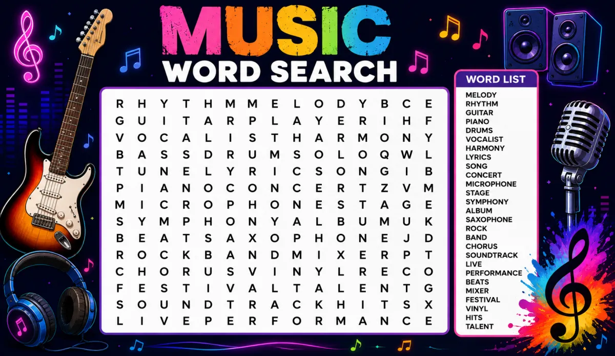 Music Word Search: A Complete Guide to Genres, Instruments, and Musical Terms Puzzles