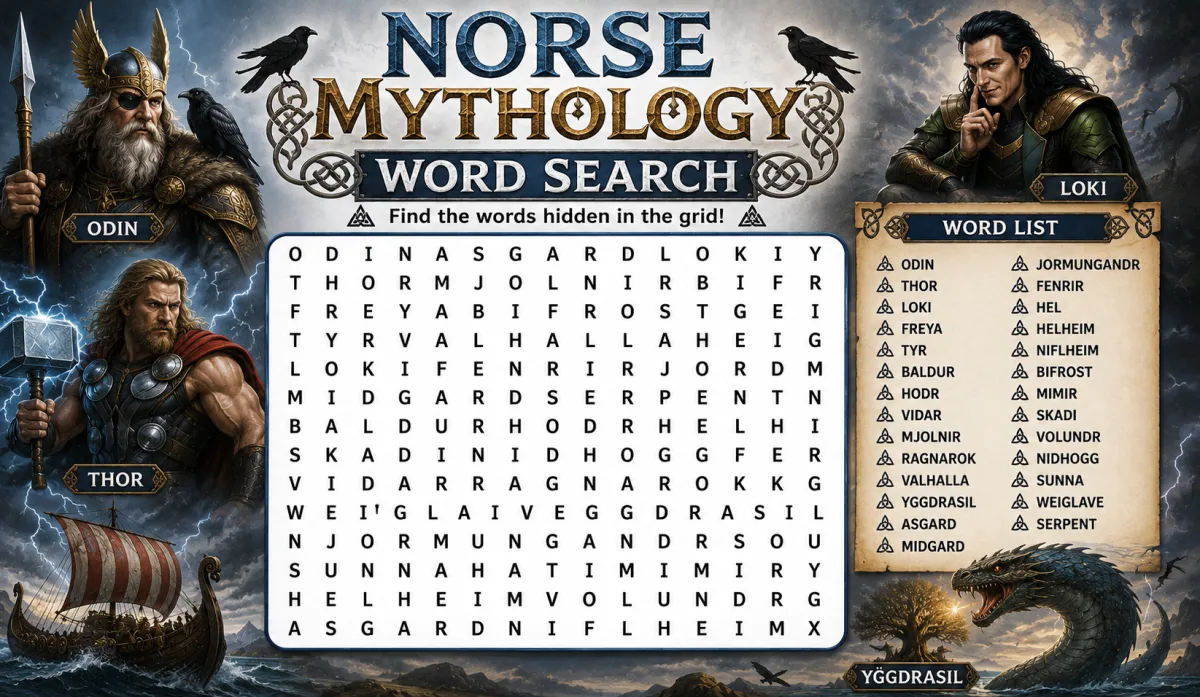 Norse Mythology Word Search: Exploring the World of Gods, Giants, and Legends Through Puzzles