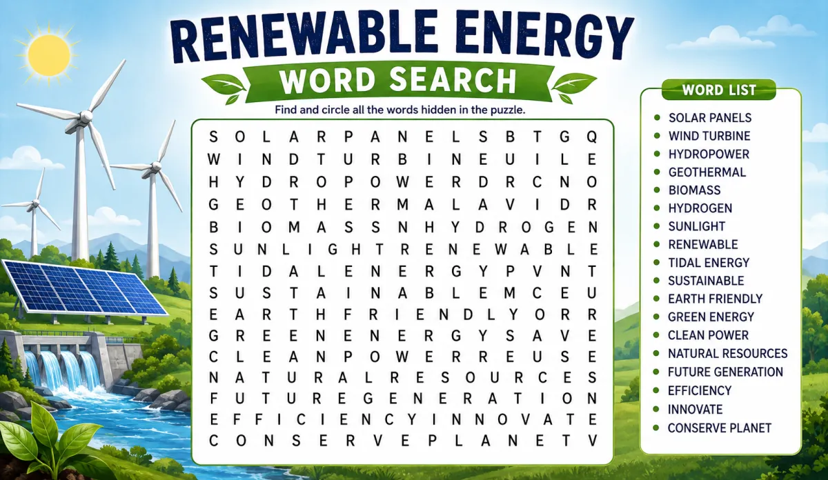 Renewable Energy Word Search — Solar, Wind and Clean Power (2026)