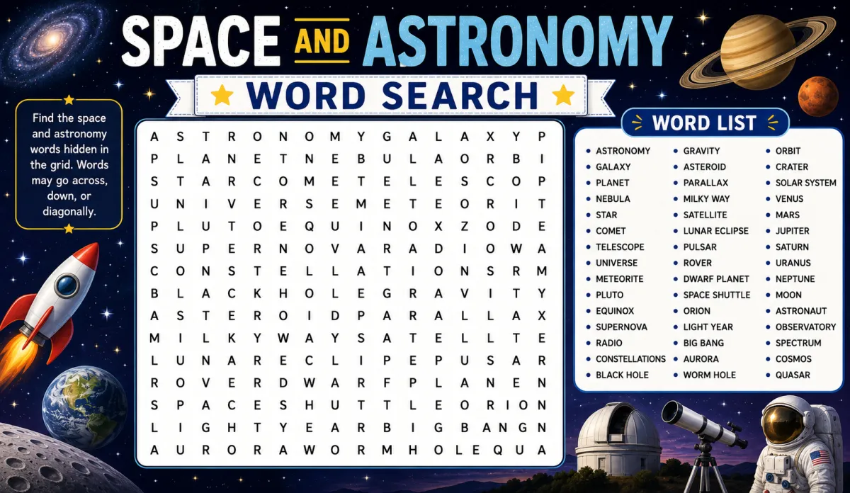 Space and Astronomy Word Search — Planets, Stars and Beyond (2026)