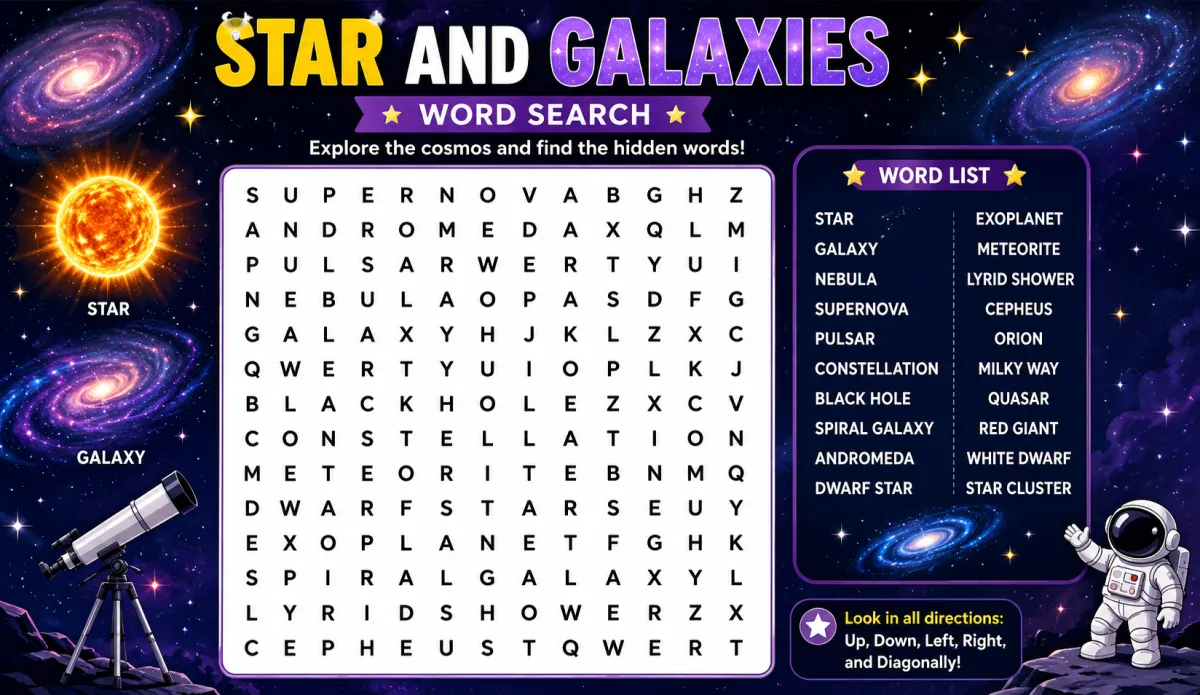 Stars and Galaxies Word Search: Exploring the Cosmos One Hidden Word at a Time