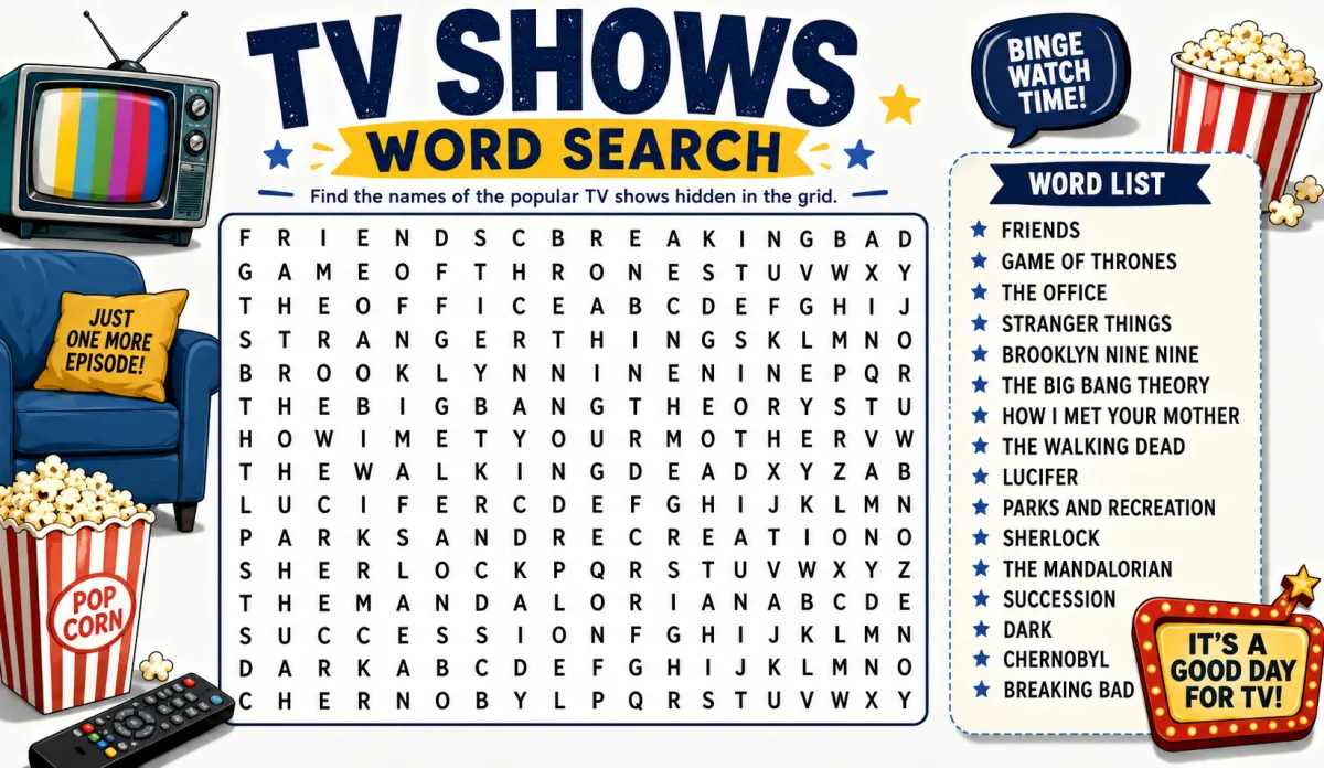 TV Shows Word Search — Popular Series, Characters and More (2026)