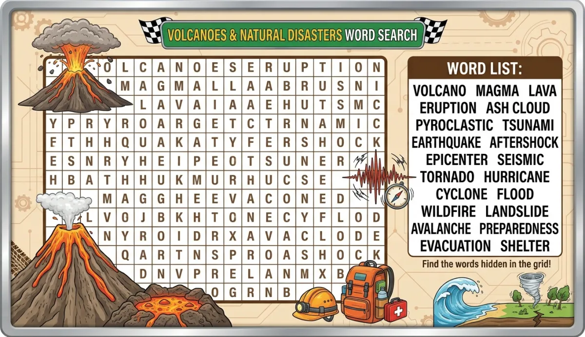 Volcanoes and Natural Disasters Word Search: Exploring Earth Powerful Forces