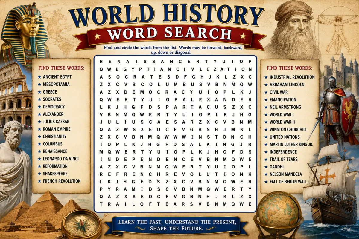 World History Word Search — Ancient to Modern Events (2026)