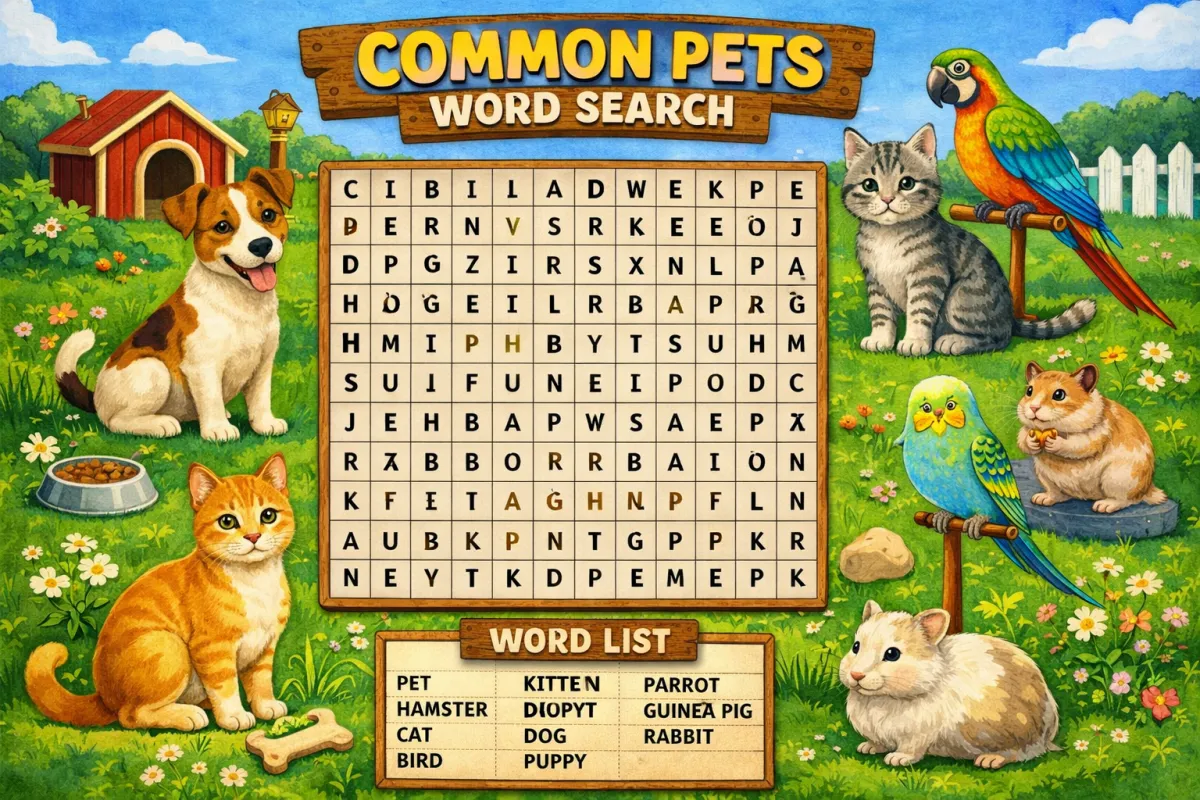 Common Pets Word Search Grid