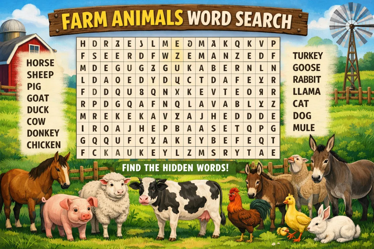 Farm Animals Word Search Grid