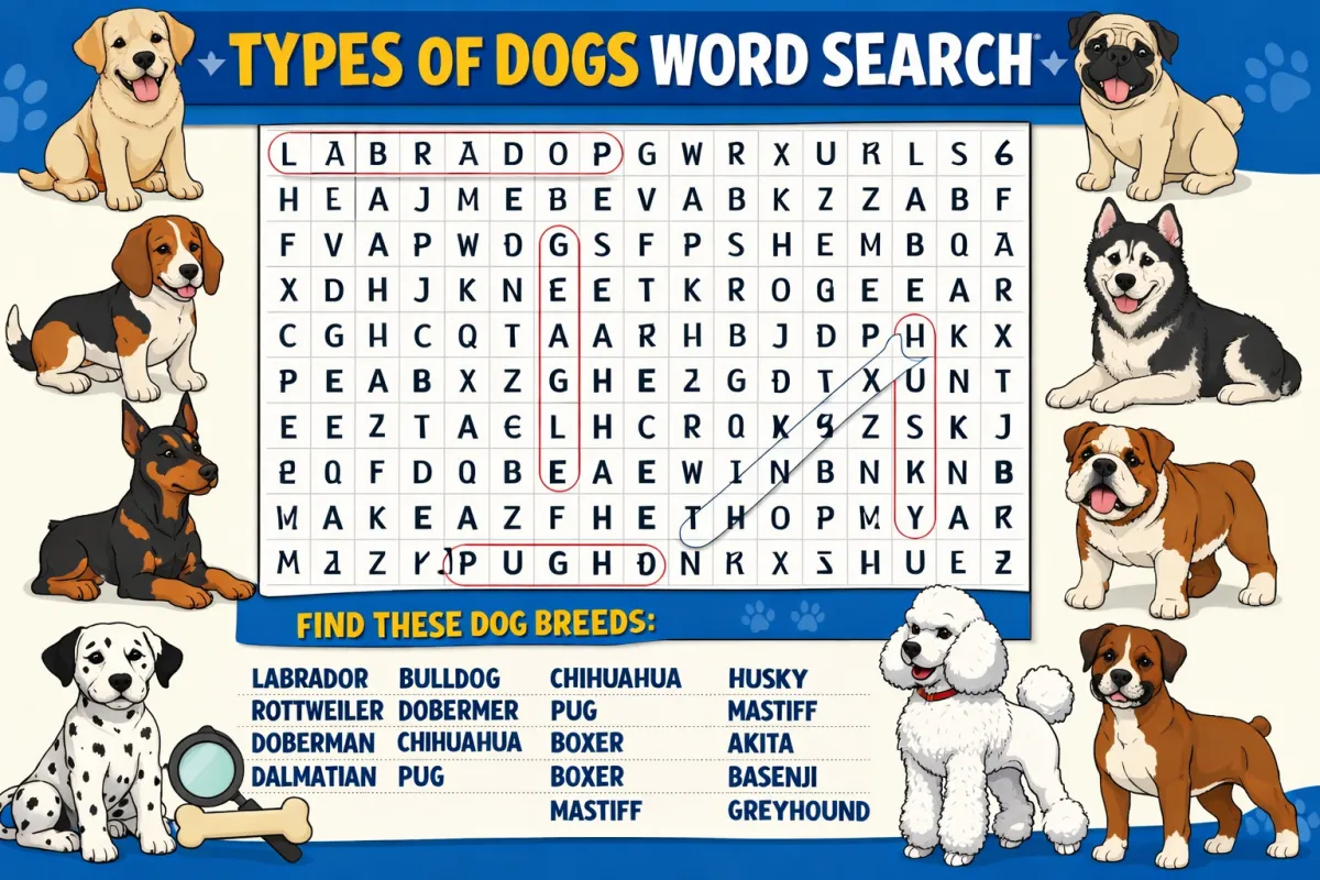 Type of Dogs Word Search Grid