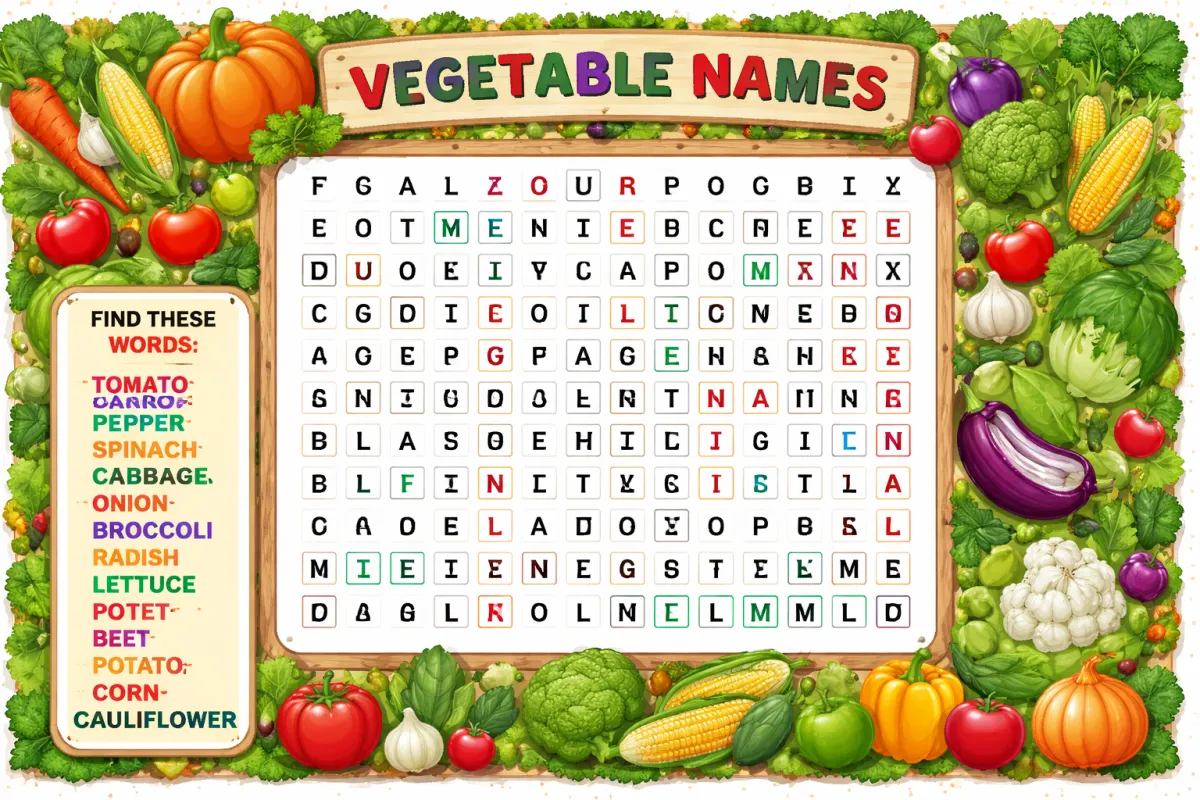 Vegetable Names Word Search Grid